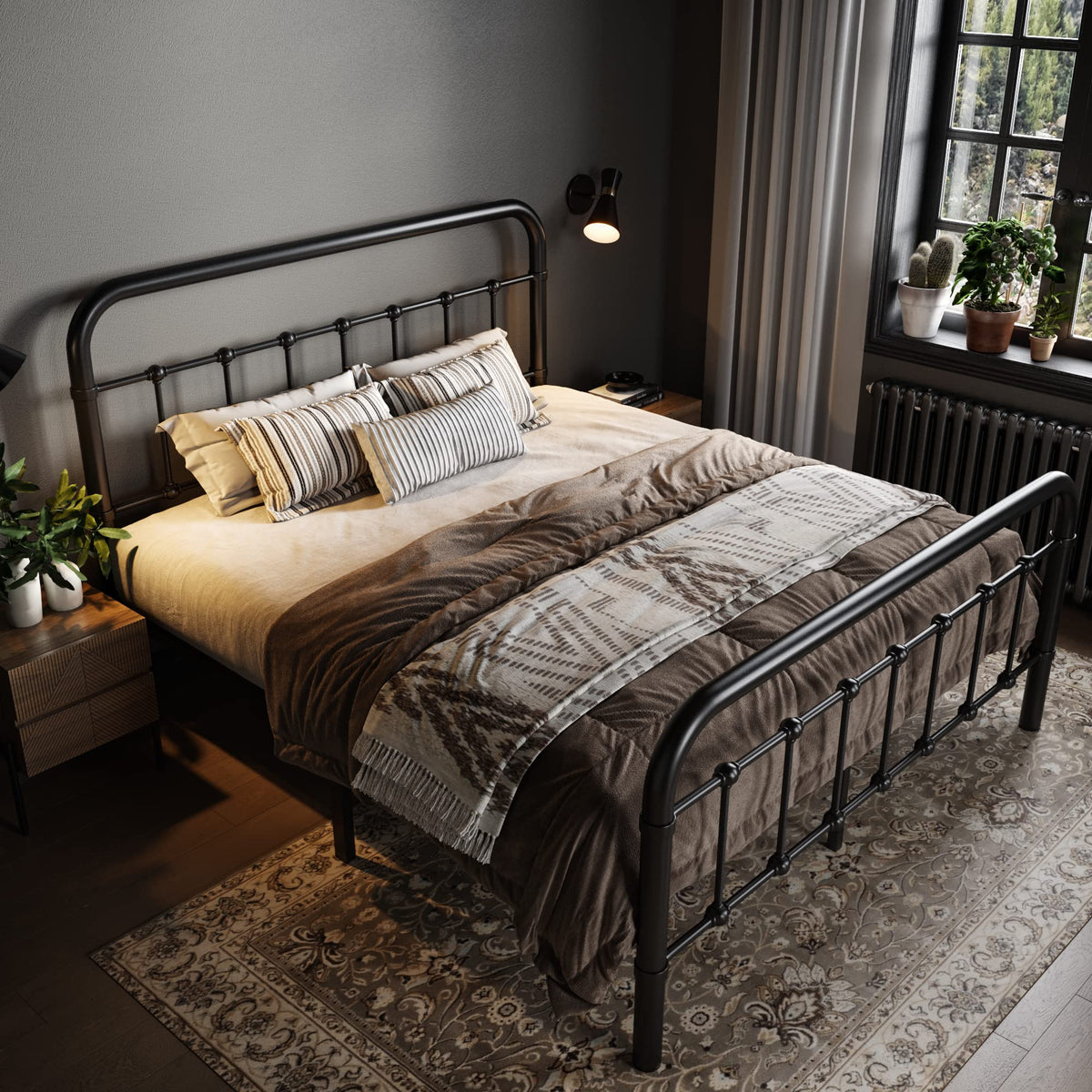 Full Metal Bed Frame with Victorian Iron-Art Headboard, Black L107