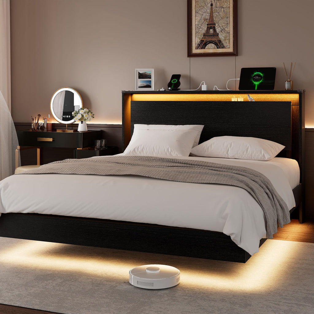 Full Size Wood Bed Frame with Storage Headboard and LED Lights J990638