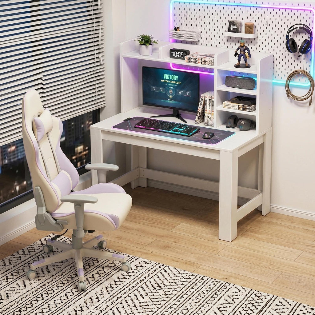 White Student Desk with Hutch and Built-in Power Outlet G672