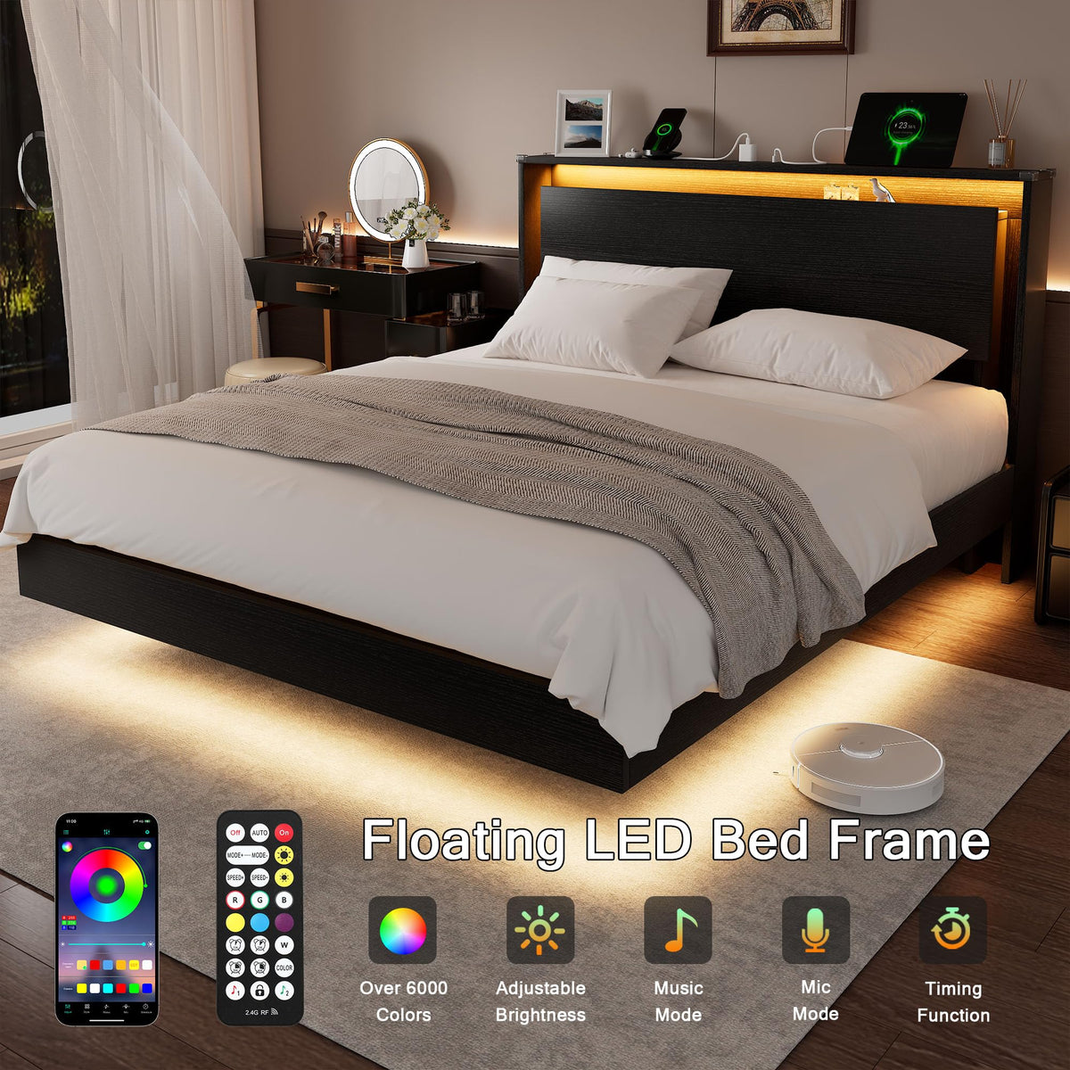 Full Size Wood Bed Frame with Storage Headboard and LED Lights J990638