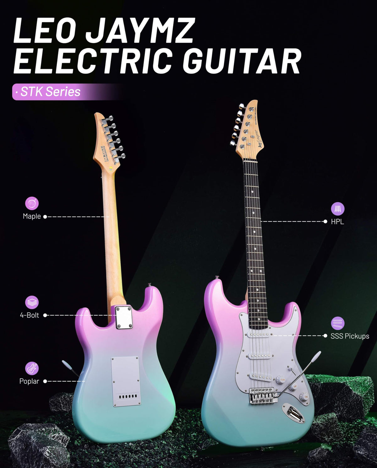 Beginner Electric Guitar 39” Kit with Portable Amplifier, Gig Bag, Tuner, Capo, Strap, Picks, SSS Pickups O88812