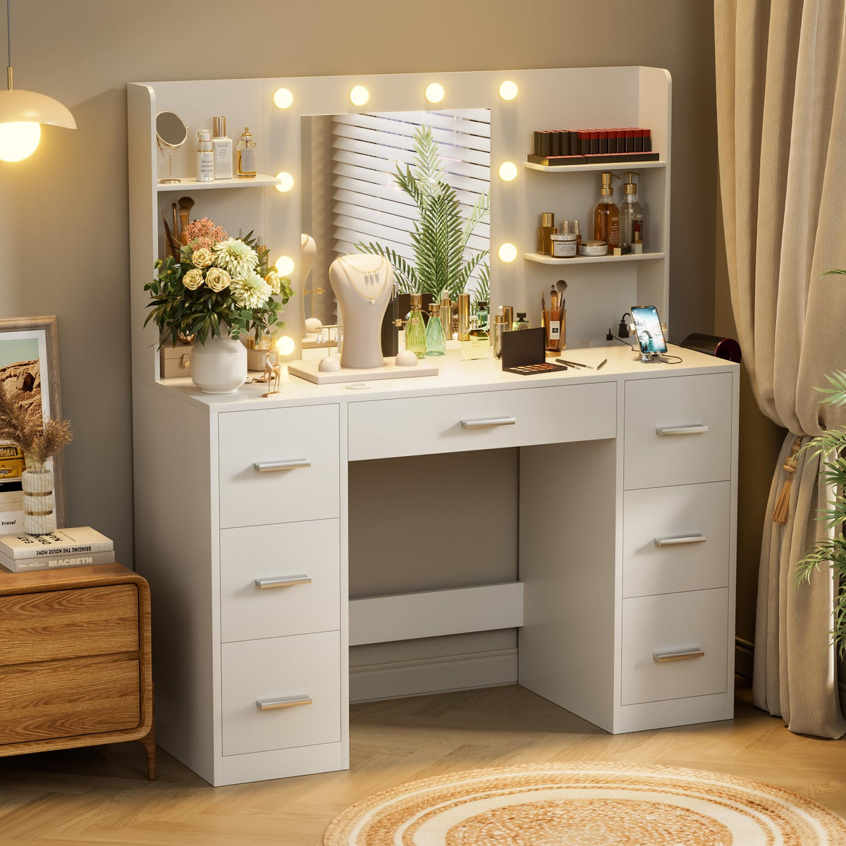 White Vanity Desk with Lighted Mirror and 7 Drawers B928317