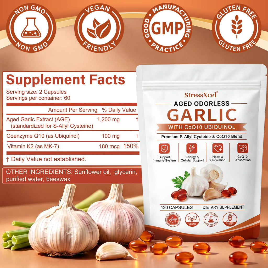 Odorless Garlic Extract Softgels with CoQ10 Ubiquinol and Vitamin K2 120 Softgels J86689
