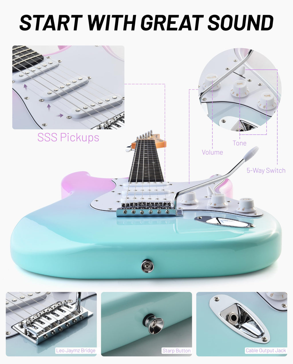 Beginner Electric Guitar 39” Kit with Portable Amplifier, Gig Bag, Tuner, Capo, Strap, Picks, SSS Pickups O88812