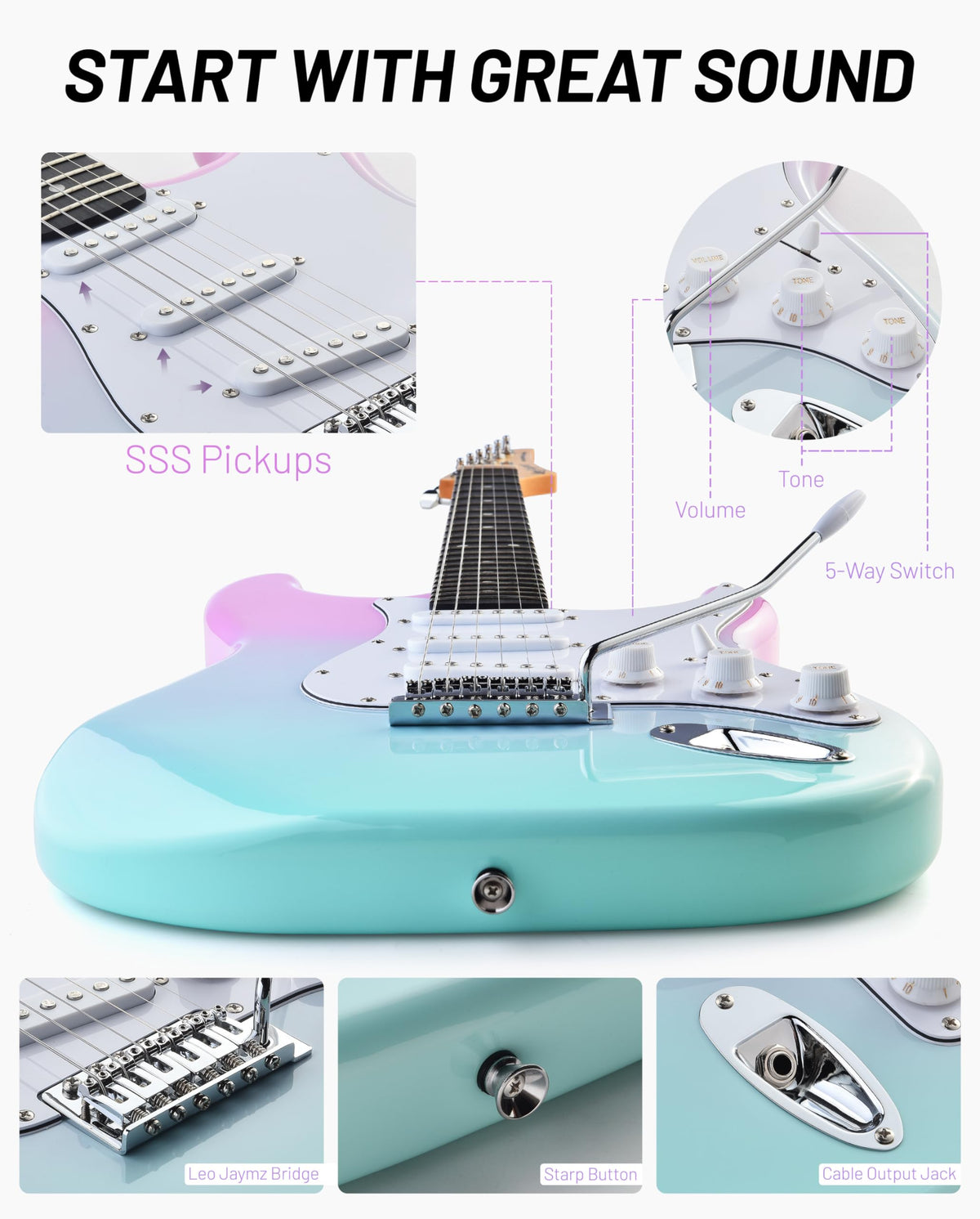 Beginner Electric Guitar 39” Kit with Portable Amplifier, Gig Bag, Tuner, Capo, Strap, Picks, SSS Pickups O88812