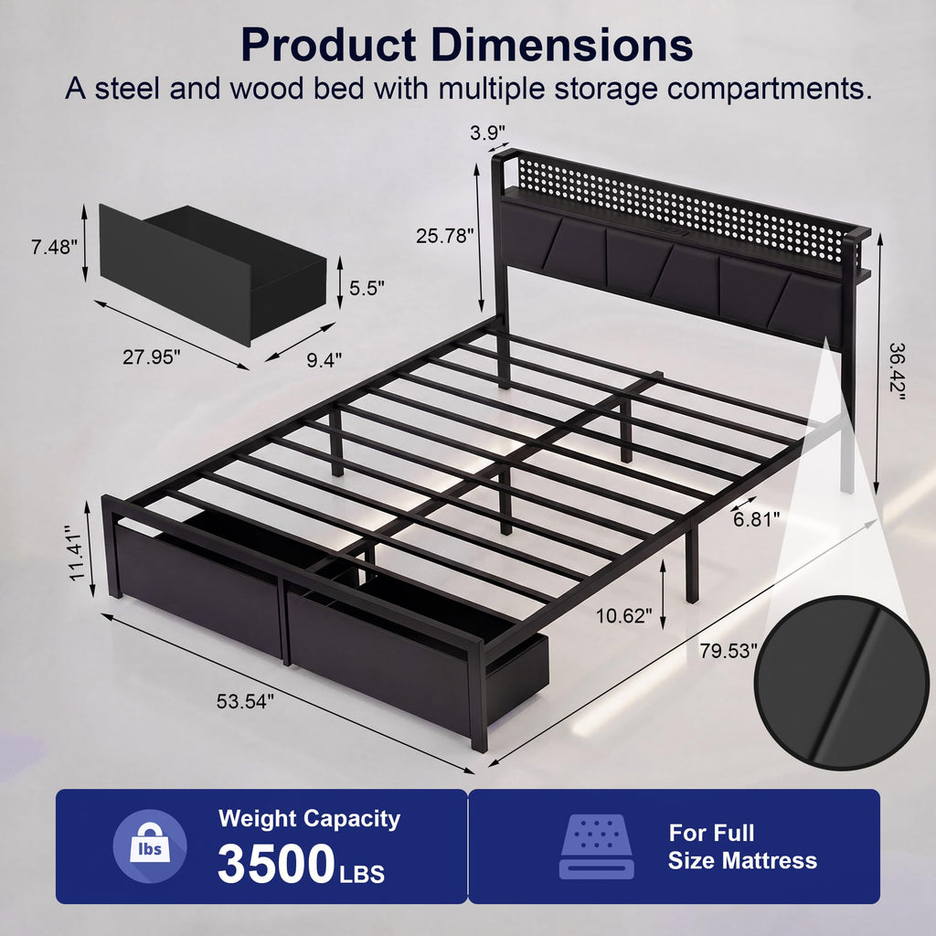 Full Size Upholstered Bed Frame with 2 Drawers and Storage Shelves T603247