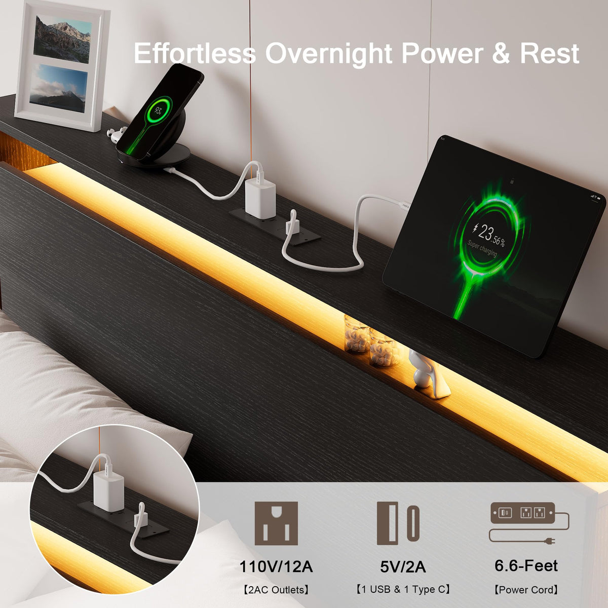 Full Size Wood Bed Frame with Storage Headboard and LED Lights J990638