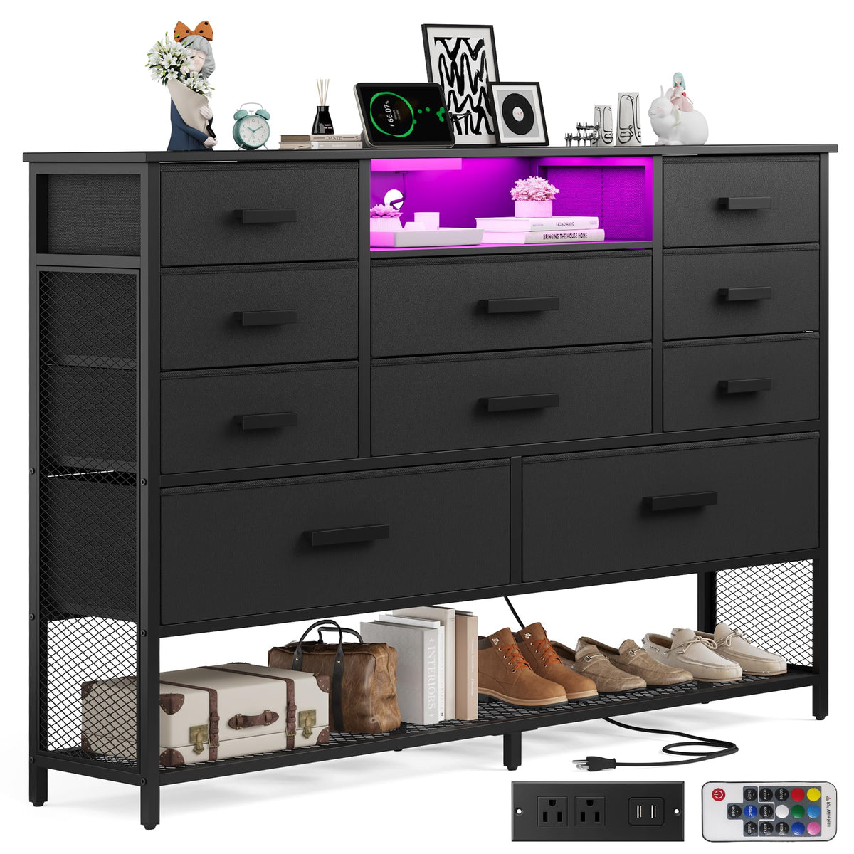 Black 10 Drawer Dresser with Charging Station and LED Light F808180