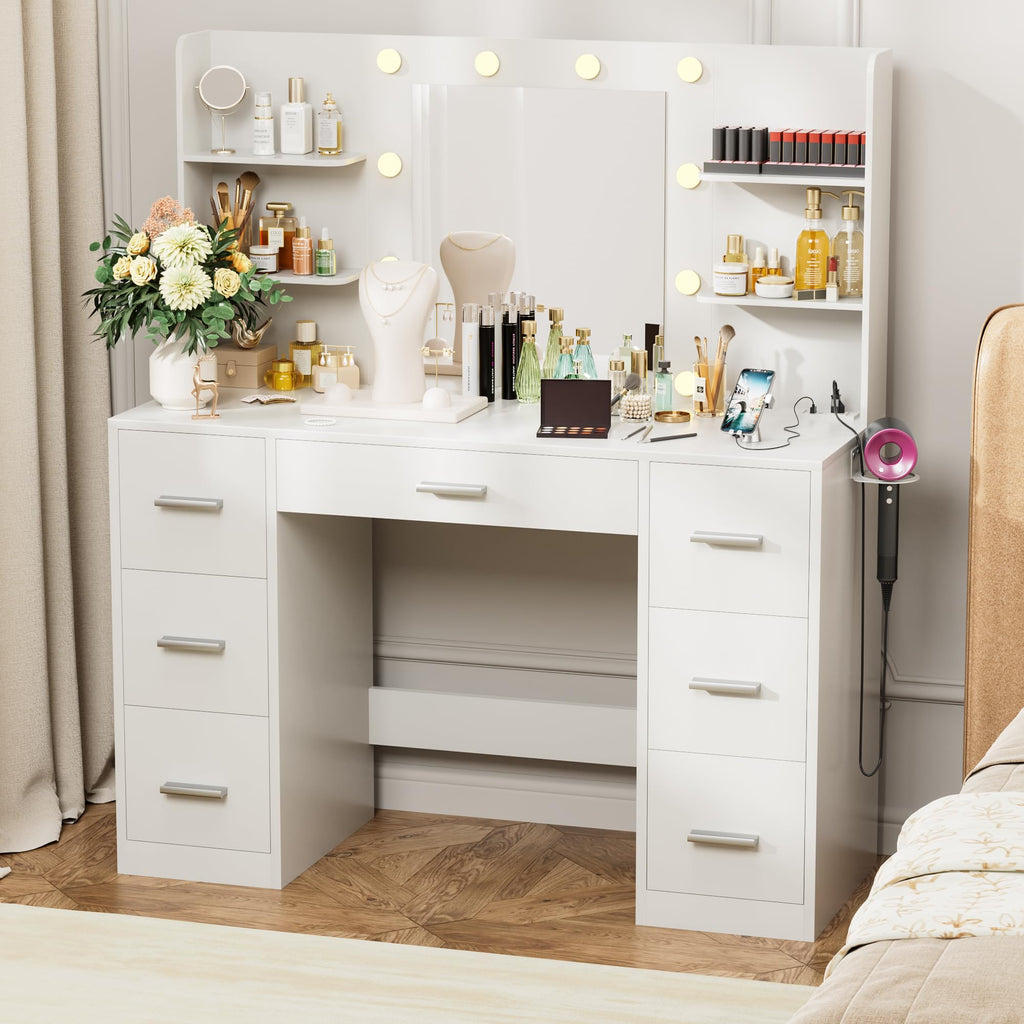 White Vanity Desk with Lighted Mirror and 7 Drawers B928317