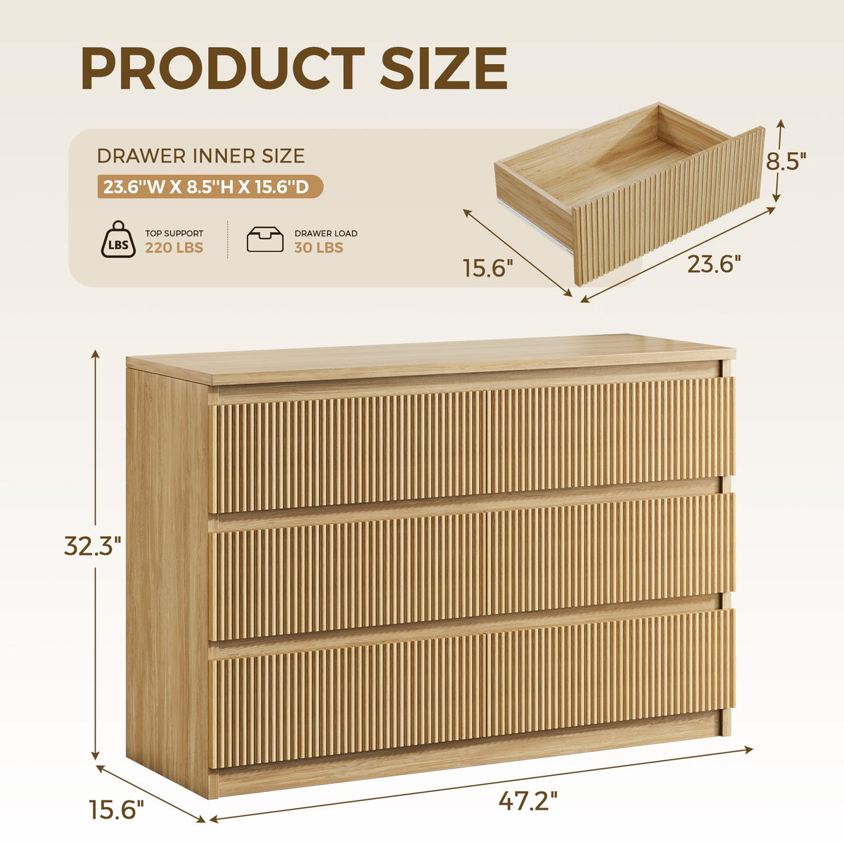 6 Drawer Fluted Wood Dresser B11347