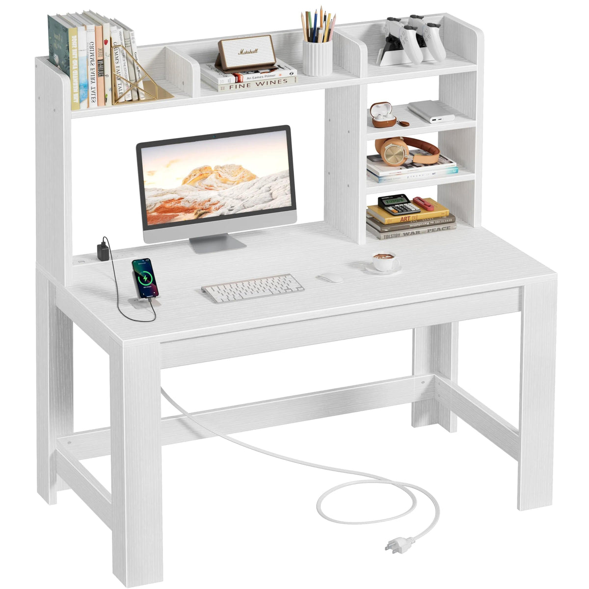 White Student Desk with Hutch and Built-in Power Outlet G672