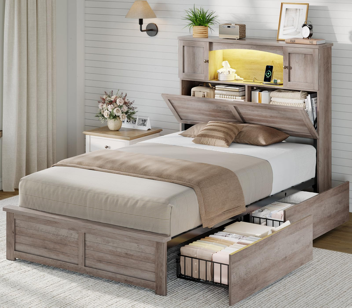 Twin Size Wood Platform Bed Frame with Bookcase Storage Headboard and 4 Drawers D5278