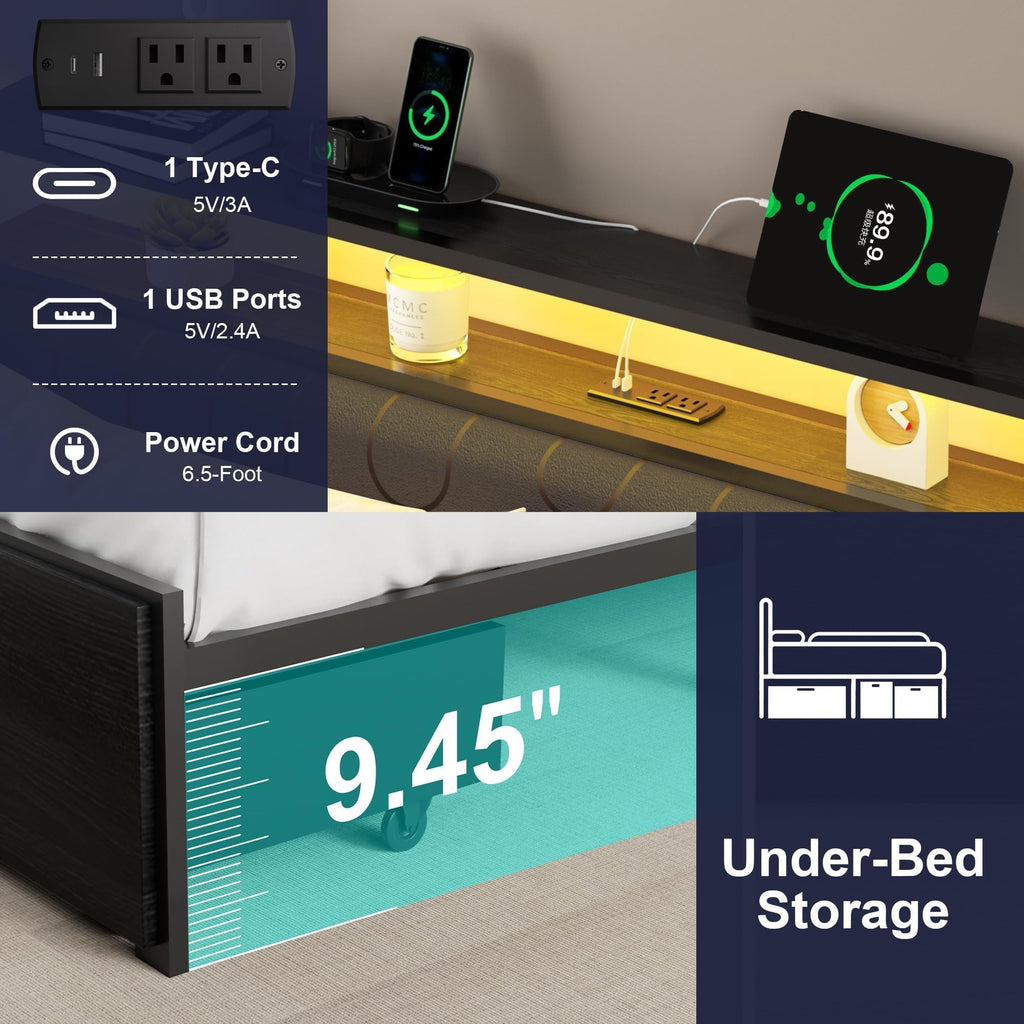 Full Bed Frame with 2 Drawers, LED Lights and Charging Station W918337