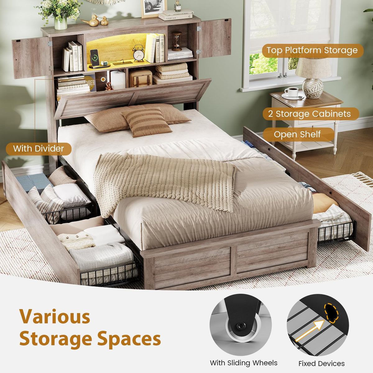 Twin Size Wood Platform Bed Frame with Bookcase Storage Headboard and 4 Drawers D5278