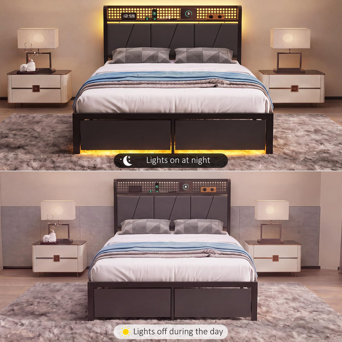Full Size Upholstered Bed Frame with 2 Drawers and Storage Shelves T603247