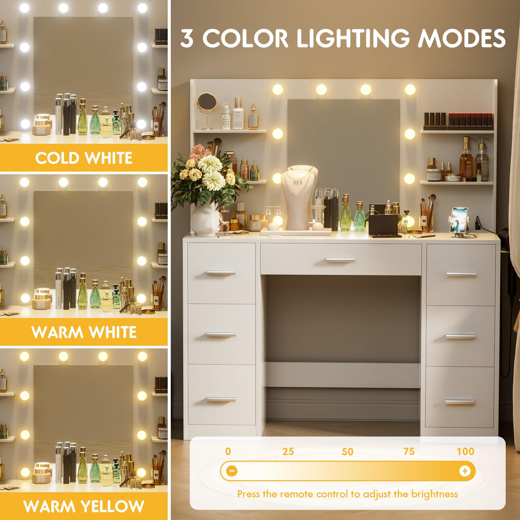 White Vanity Desk with Lighted Mirror and 7 Drawers B928317