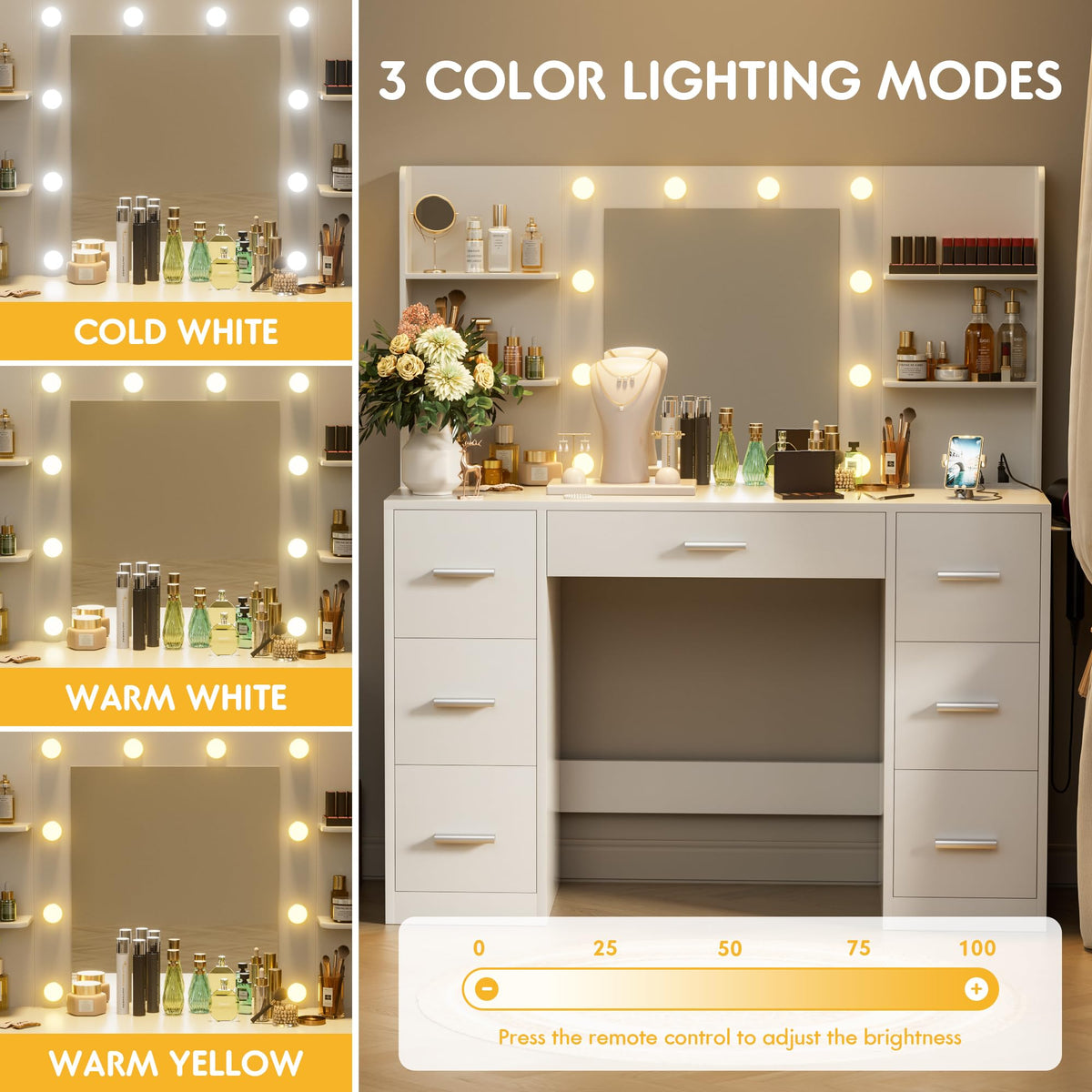 White Vanity Desk with Lighted Mirror and 7 Drawers B928317