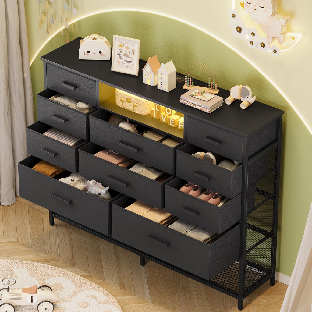 Black 10 Drawer Dresser with Charging Station and LED Light F808180