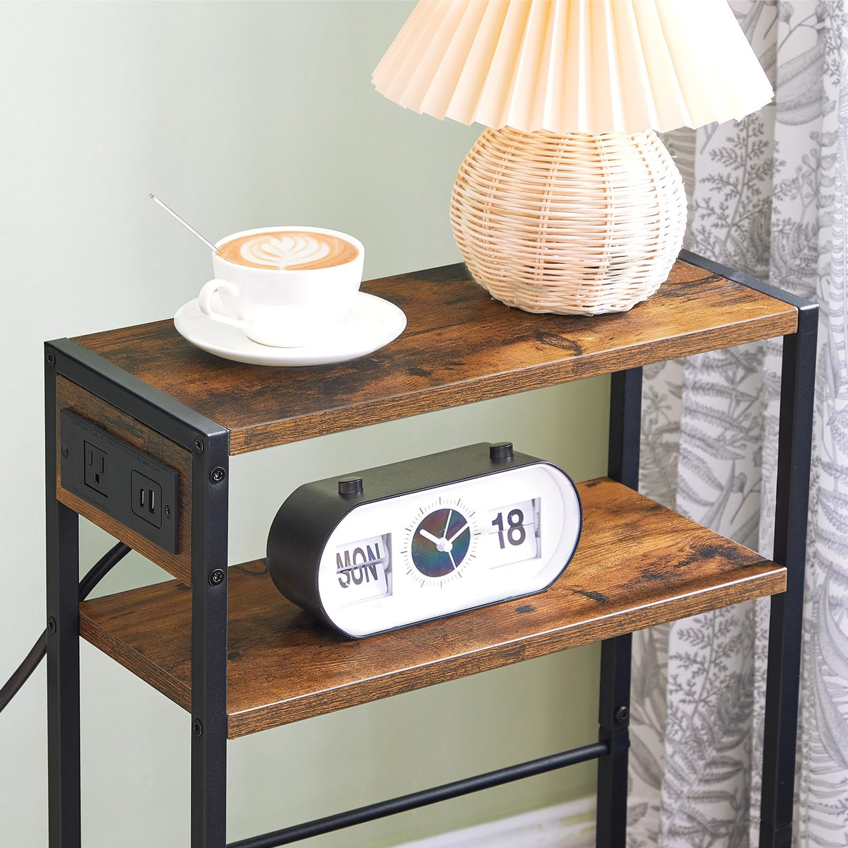 Small Narrow Side Table with Charging Station and Storage Shelf O598252