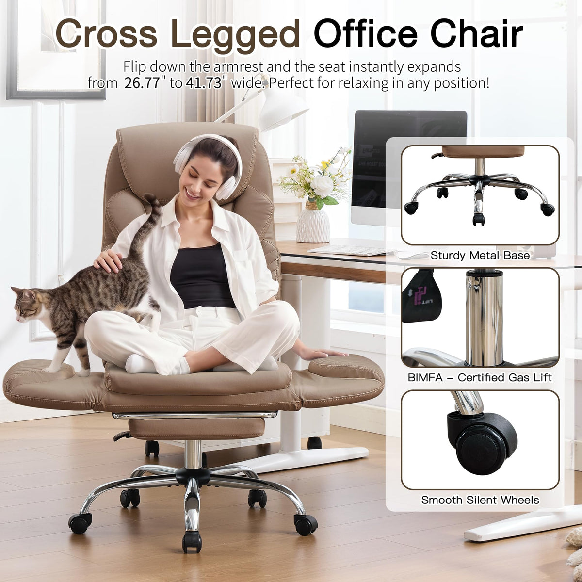 Cross Legged Office Chair with Flip Armrest and Footrest Brown N55538