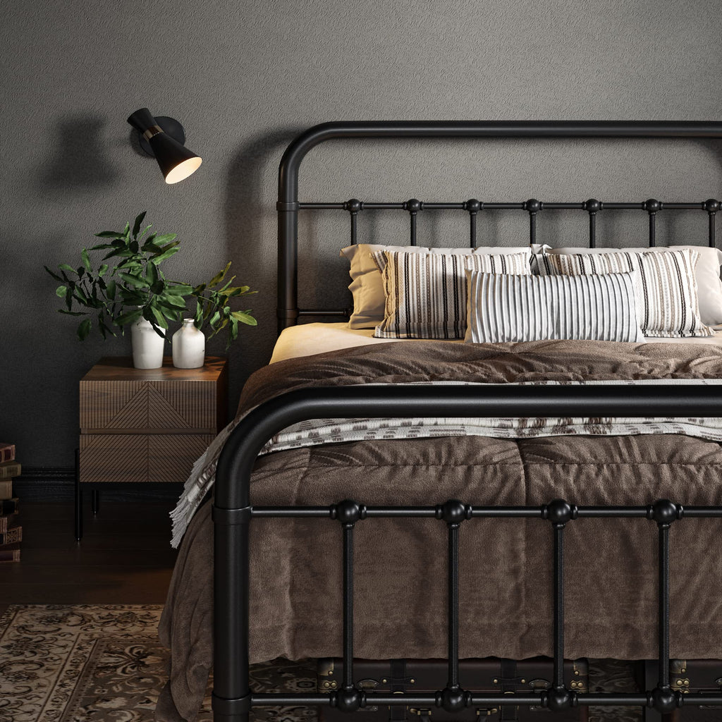 Full Metal Bed Frame with Victorian Iron-Art Headboard, Black L107